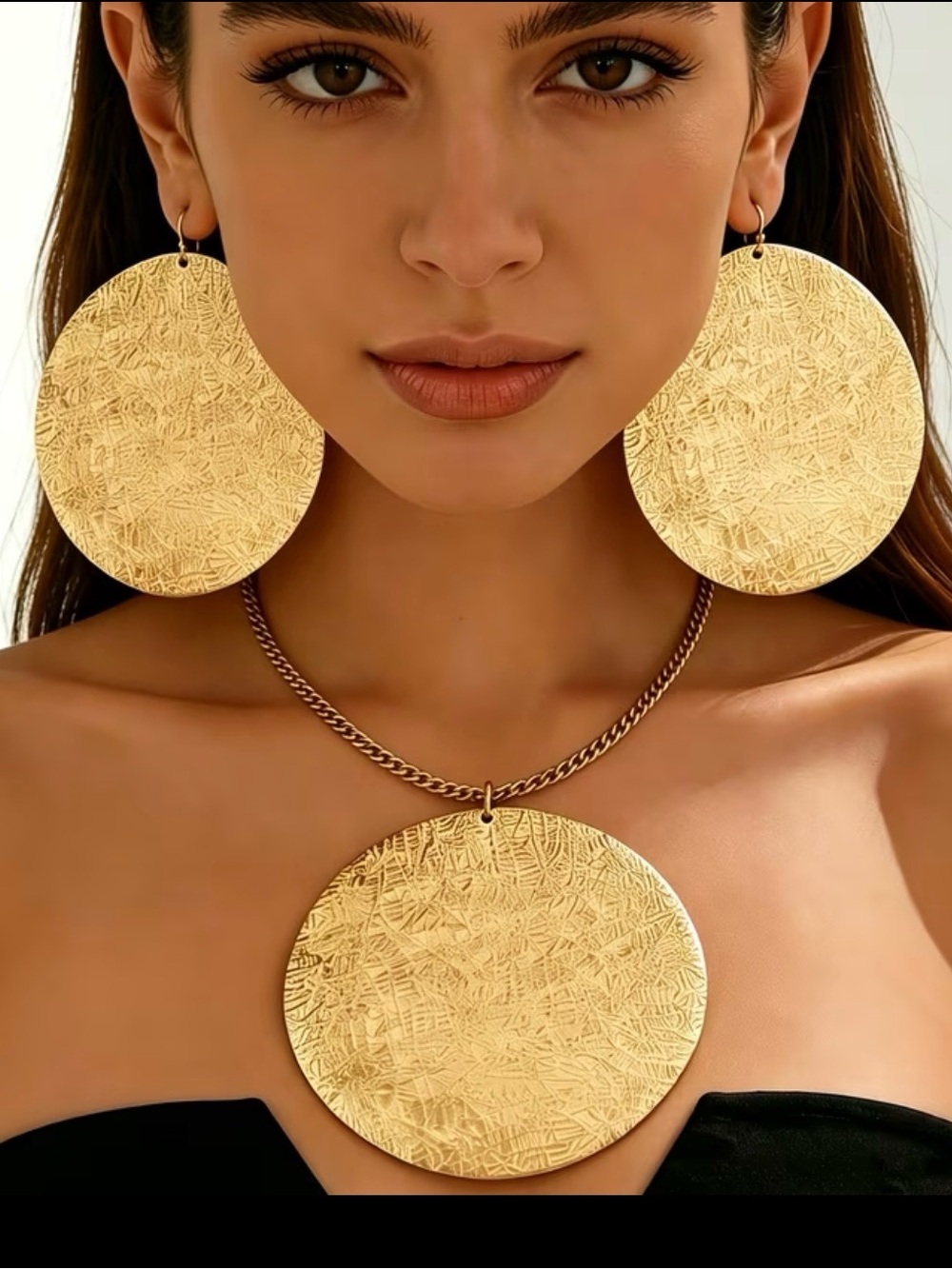 Bold Textured Gold Disc Necklace & Earrings Set